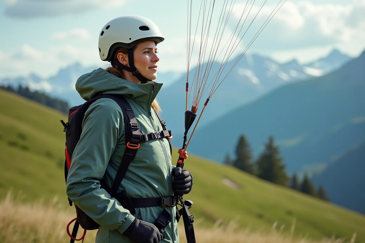 Femme préparant son parapente en montagne