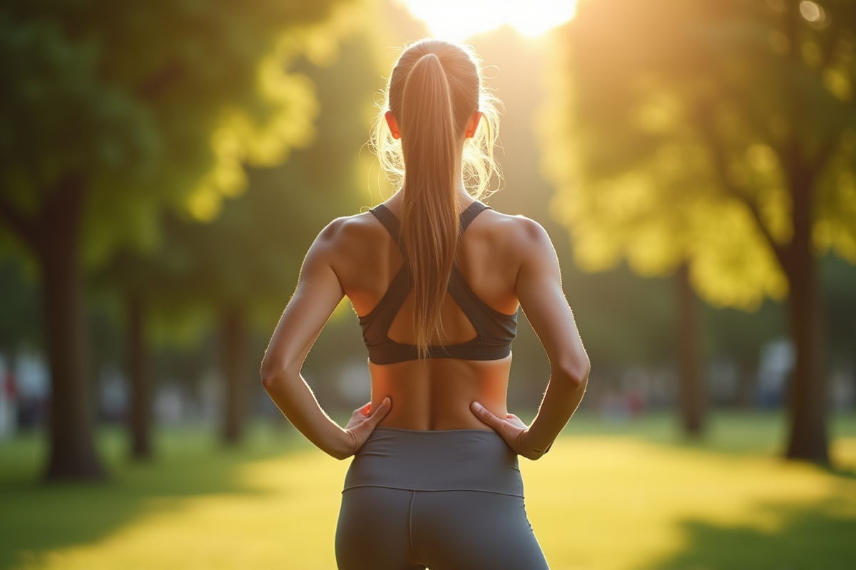 Femme vue de dos dans un parc ensoleille avec leggings