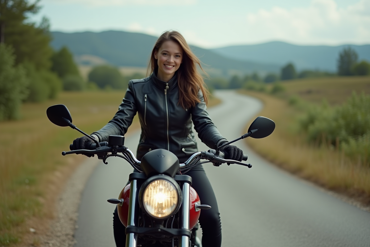 Femme avec moto Benda 125 Avengers en campagne