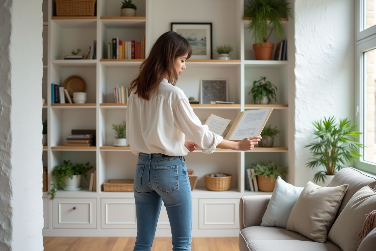 Jeune femme arrangeant des livres dans un intérieur contemporain