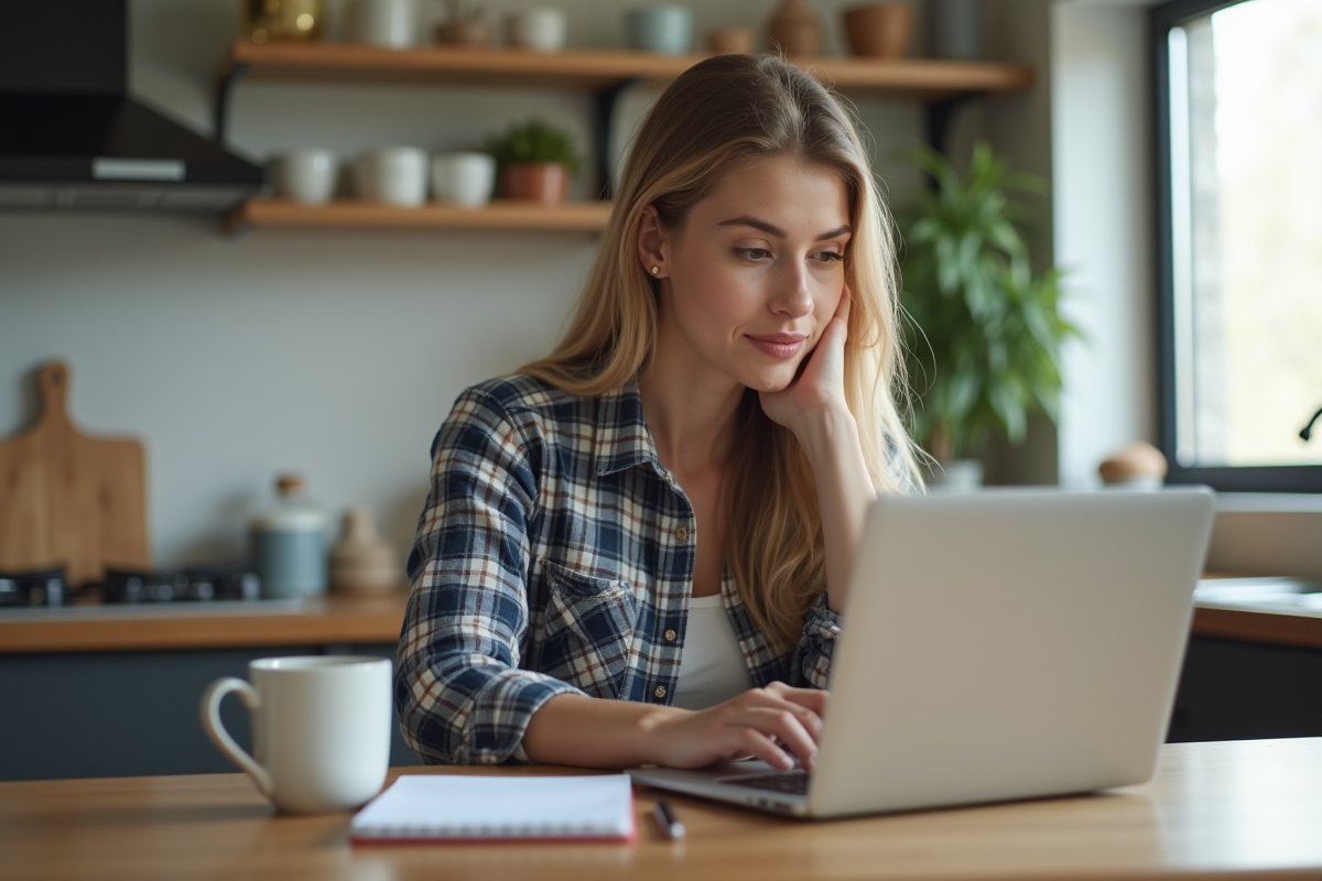 Jeune femme recherchant des disques de frein sur son ordinateur à la maison