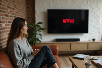 Femme regardant une série espagnole sur Netflix dans un appartement de Barcelone avec une atmosphère cosy et authentique