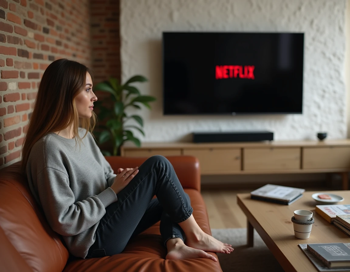 Femme regardant une série espagnole sur Netflix dans un appartement de Barcelone avec une atmosphère cosy et authentique