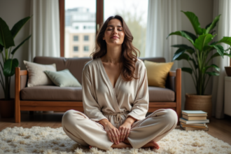 Femme détendue en loungewear dans un salon cosy