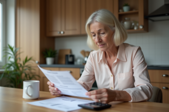Femme d'âge moyen examinant des documents de retraite à la maison