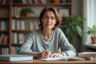 Femme concentrée qui révise les règles de grammaire française dans un cahier à son bureau en bois