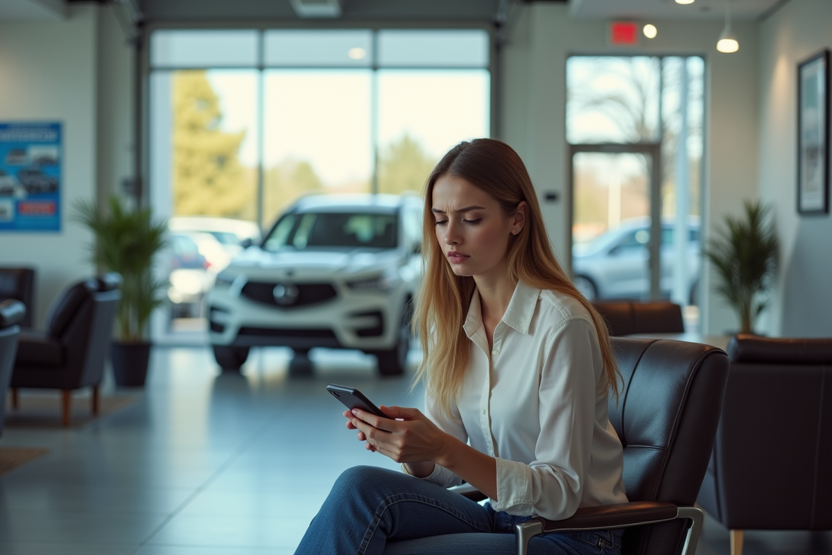 Jeune femme anxieuse dans un salon de concession automobile avec un SUV en arrière-plan