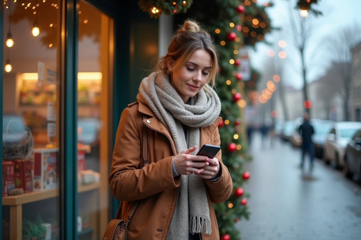 Femme en hiver vérifiant son smartphone devant un supermarché