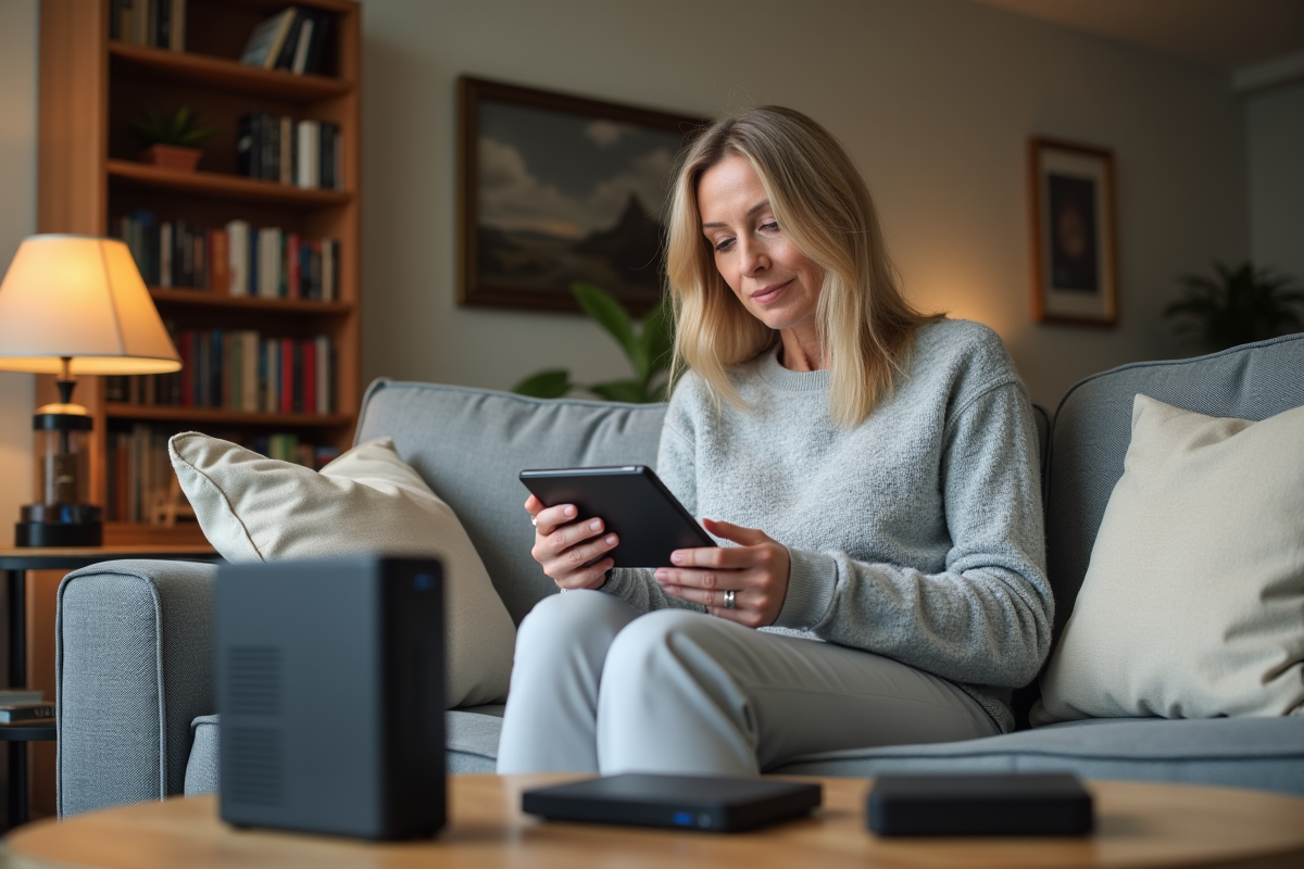 Femme à la maison tenant un disque dur externe ouvert