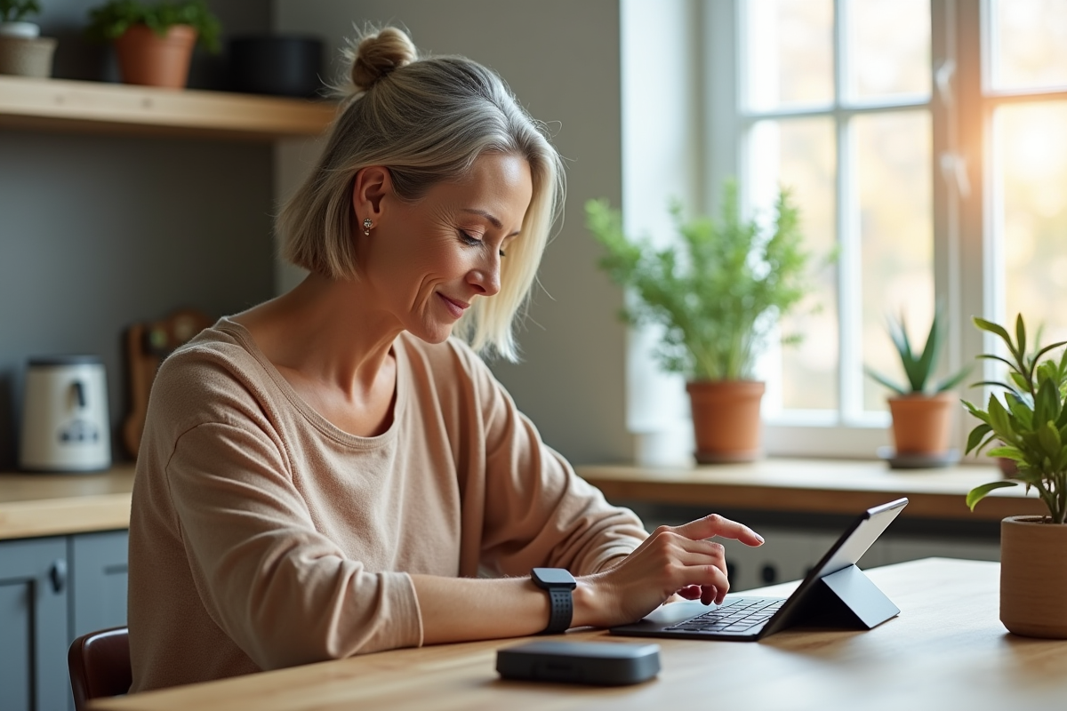 Femme utilisant une tablette dans une cuisine scandinave