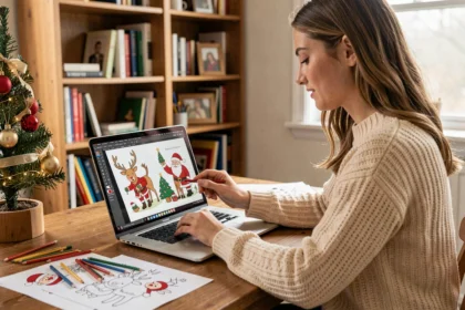 Jeune femme choisissant des dessins de Noël gratuits à imprimer sur son ordinateur portable à la maison