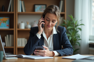 Femme d'âge moyen au bureau préparant un appel international