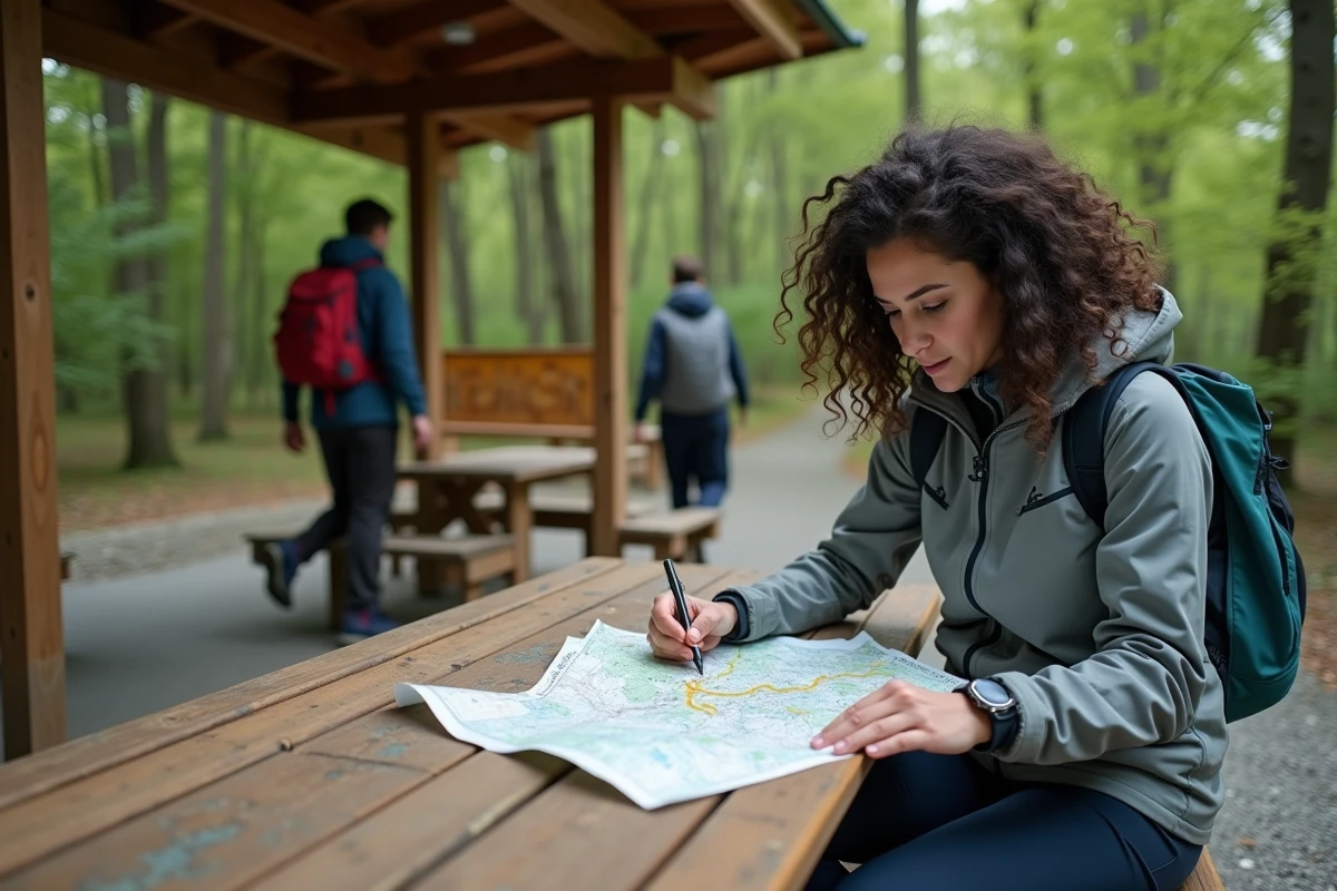 Jeune femme vérifiant une carte au bord du sentier en France