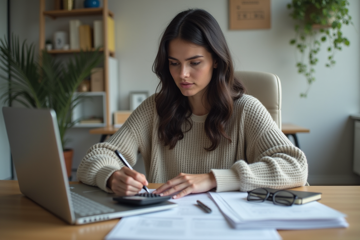Femme travaillant sur ses impots avec calculatrice et ordinateur