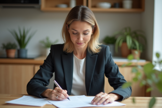 Femme en blazer lisant des papiers dans une cuisine moderne