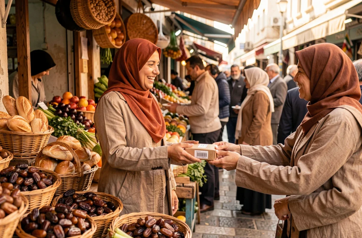 Femme tunisienne au foulard rouille souriant à une voisine vendeuse dans un marché traditionnel animé le matin, étals de dattes et de pain, scène de convivialité quotidienne authentique