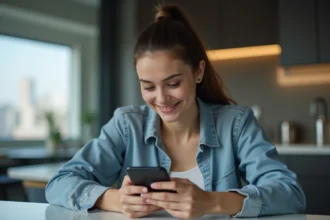Jeune femme tapant un code sur son smartphone dans une cuisine moderne
