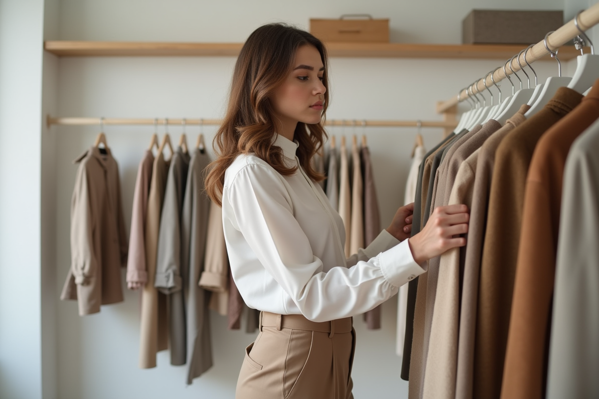 Femme regardant une jupe dans une boutique minimaliste