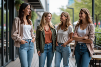 Groupe de femmes discutant en terrasse de café en ville