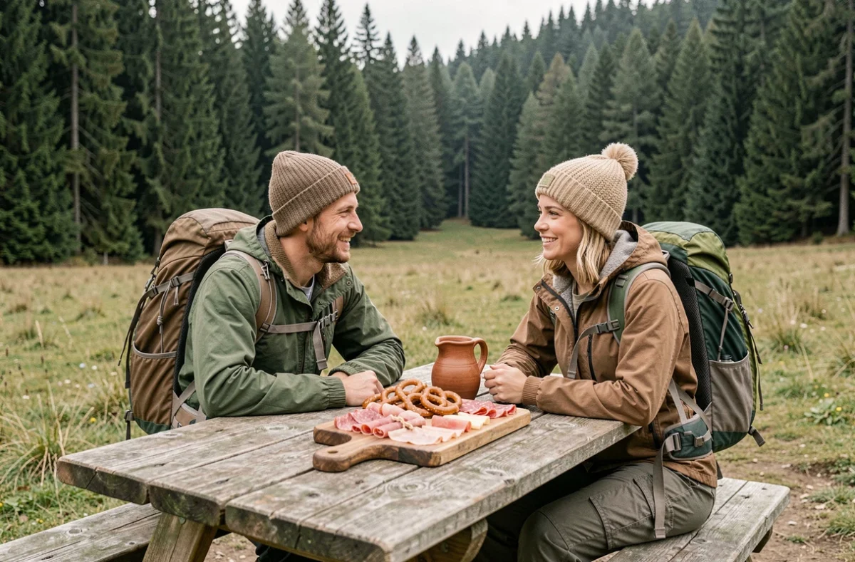 Couple d'amis déjeunant devant une ferme-auberge alsacienne isolée en forêt loin des circuits touristiques