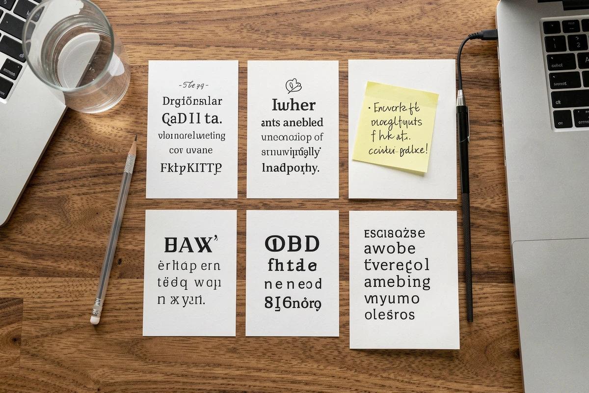 Vue aérienne de fiches typographiques et notes manuscrites sur un bureau de designer