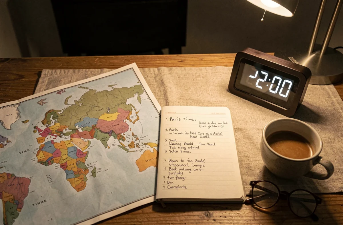 Flat lay d'un bureau avec horloge affichant 22h, carte des fuseaux horaires et agenda pour illustrer la gestion du télétravail international à l'heure française