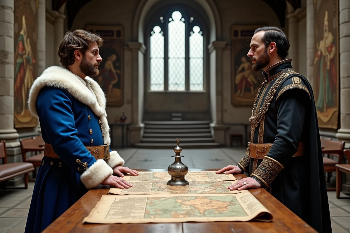 Reconstitution diplomatique de François Ier et Charles Quint négociant autour d'une table de cartes au XVIe siècle