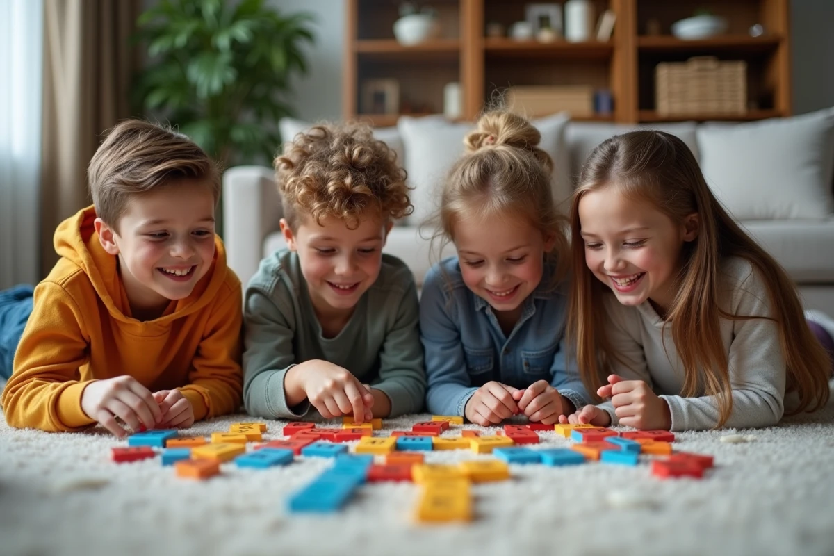 Freres et soeurs formant des mots avec des lettres colorées