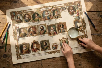 Frise des rois de France imprimée en couleur déroulée sur une table en bois avec des crayons de couleur et une loupe