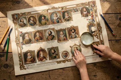 Frise des rois de France imprimée en couleur déroulée sur une table en bois avec des crayons de couleur et une loupe