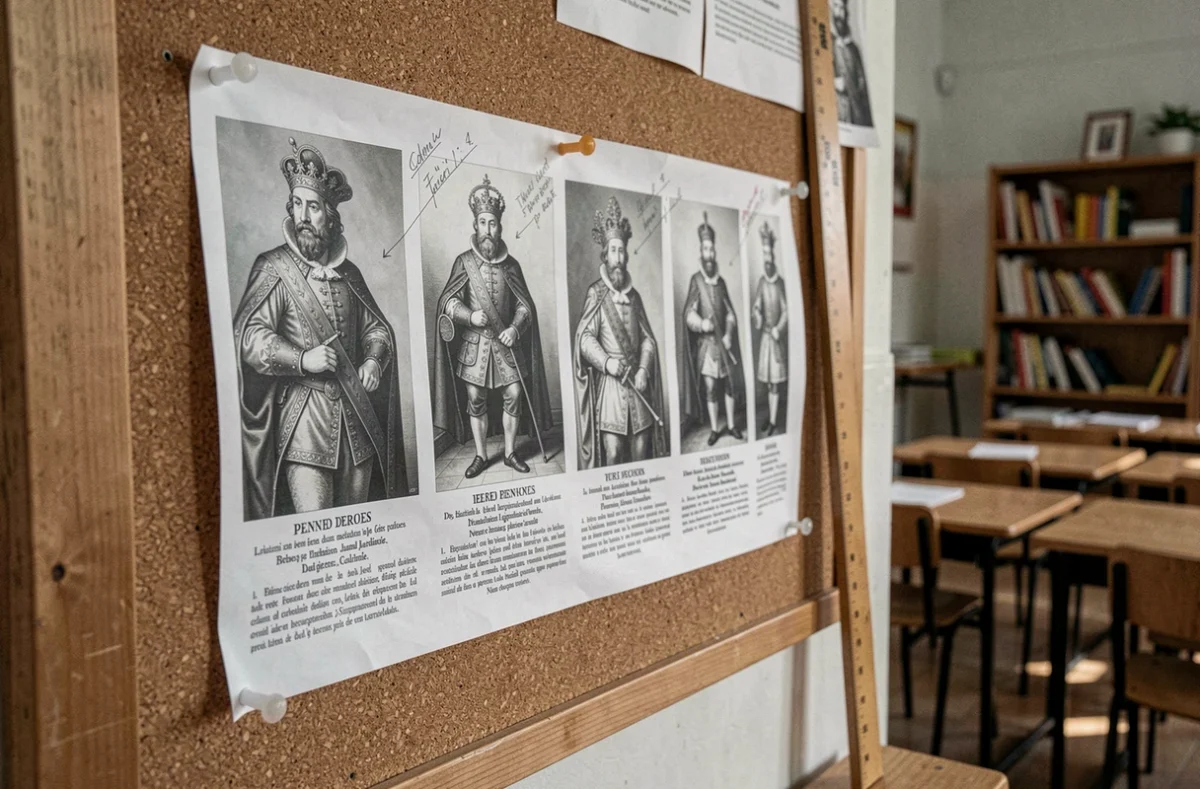 Frise des rois de France en noir et blanc affichée sur un tableau en liège dans une salle de classe avec des annotations au crayon