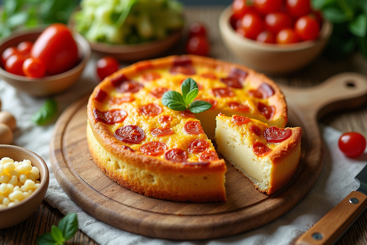 Gâteau au chorizo et chèvre en gros plan avec ingrédients frais