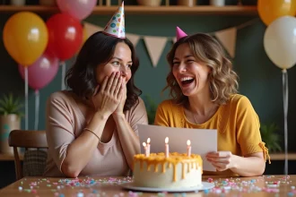 Deux meilleures amies qui rient aux éclats devant une carte d'anniversaire humoristique lors d'une fête entre femmes