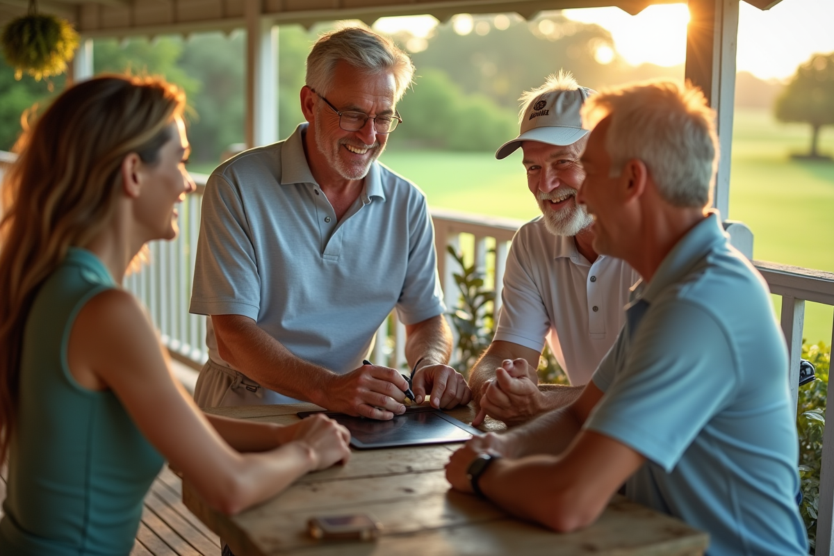 Groupe de golfeurs souriants discutant sur la terrasse du club