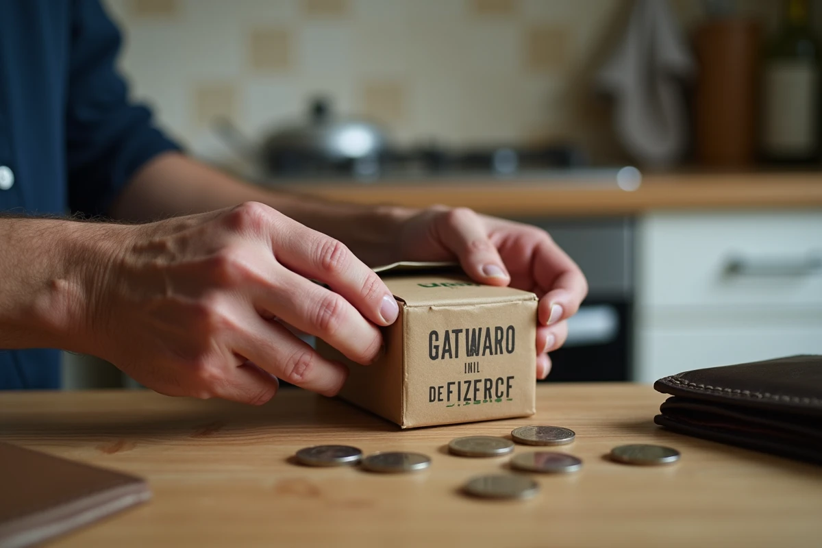 Gros plan sur des mains ouvrant une cartouche de cigarettes avec des pièces de monnaie sur une table en bois