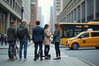 Quatre adultes dans la ville attendent au passage piéton