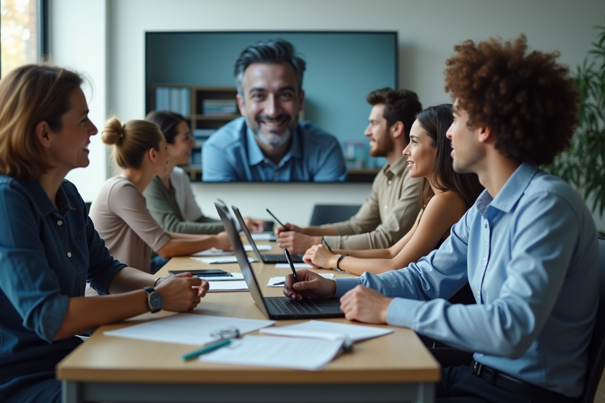 Groupe d adultes en formation en ligne dans un espace de travail lumineux