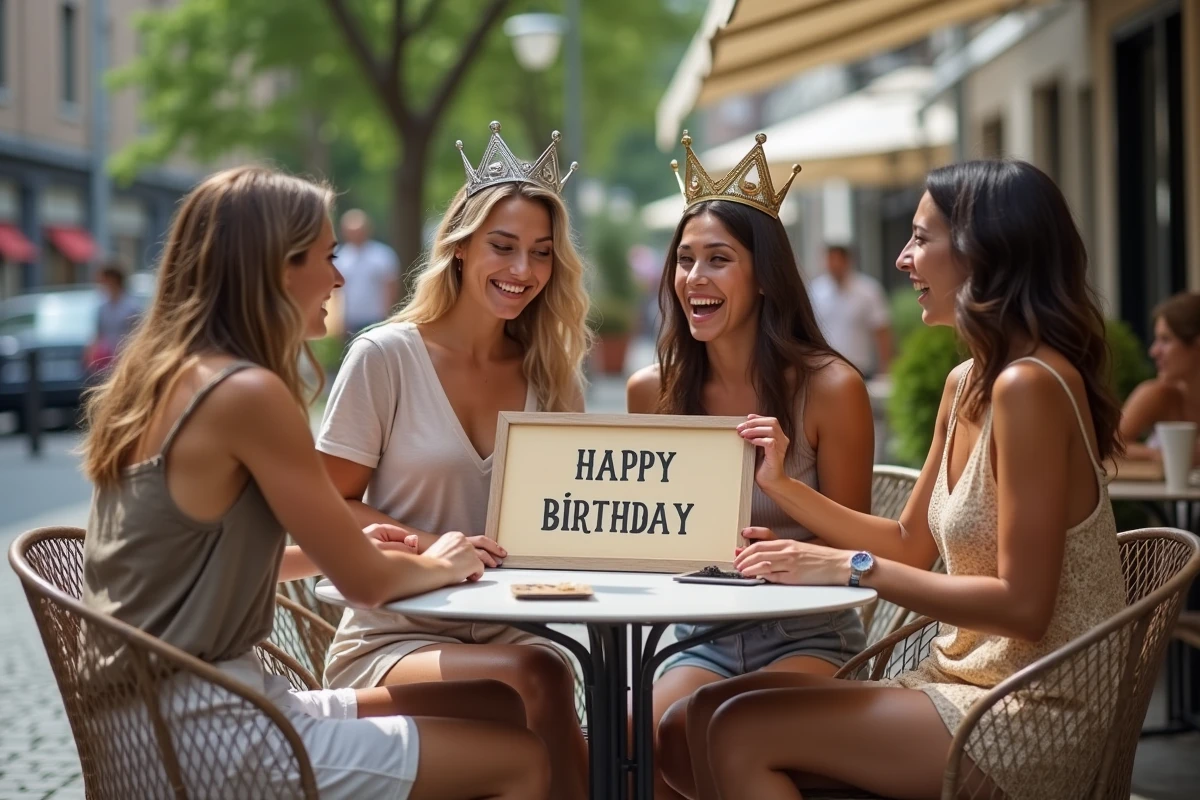 Groupe d'amies qui fêtent un anniversaire en riant sur une terrasse de café avec une banderole humoristique