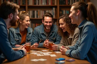 Groupe d'amis rieurs autour d'une table de jeux