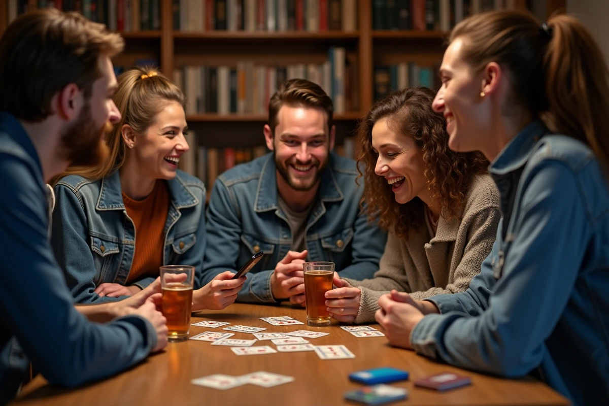 Groupe d'amis rieurs autour d'une table de jeux