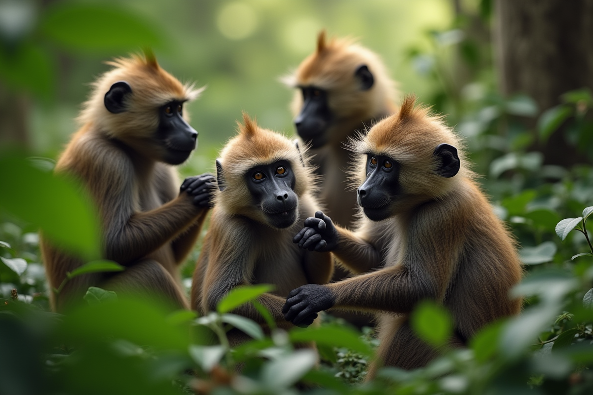 Groupe de babouins interagissant dans la forêt verte
