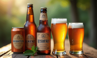 Sélection de bières sans gluten en bouteilles et canettes sur table en bois