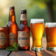 Sélection de bières sans gluten en bouteilles et canettes sur table en bois