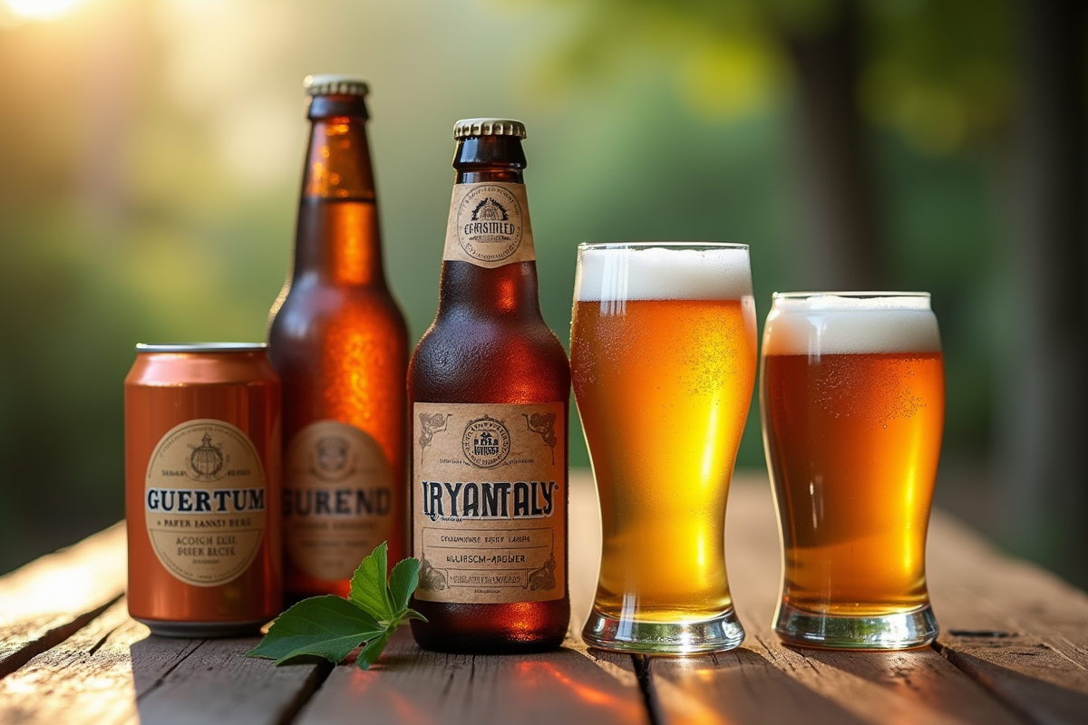 Sélection de bières sans gluten en bouteilles et canettes sur table en bois