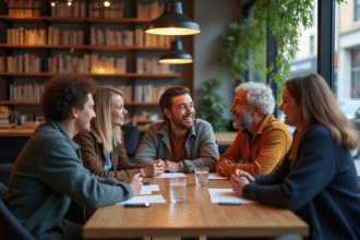 Groupe diversifié en discussion dans un café moderne