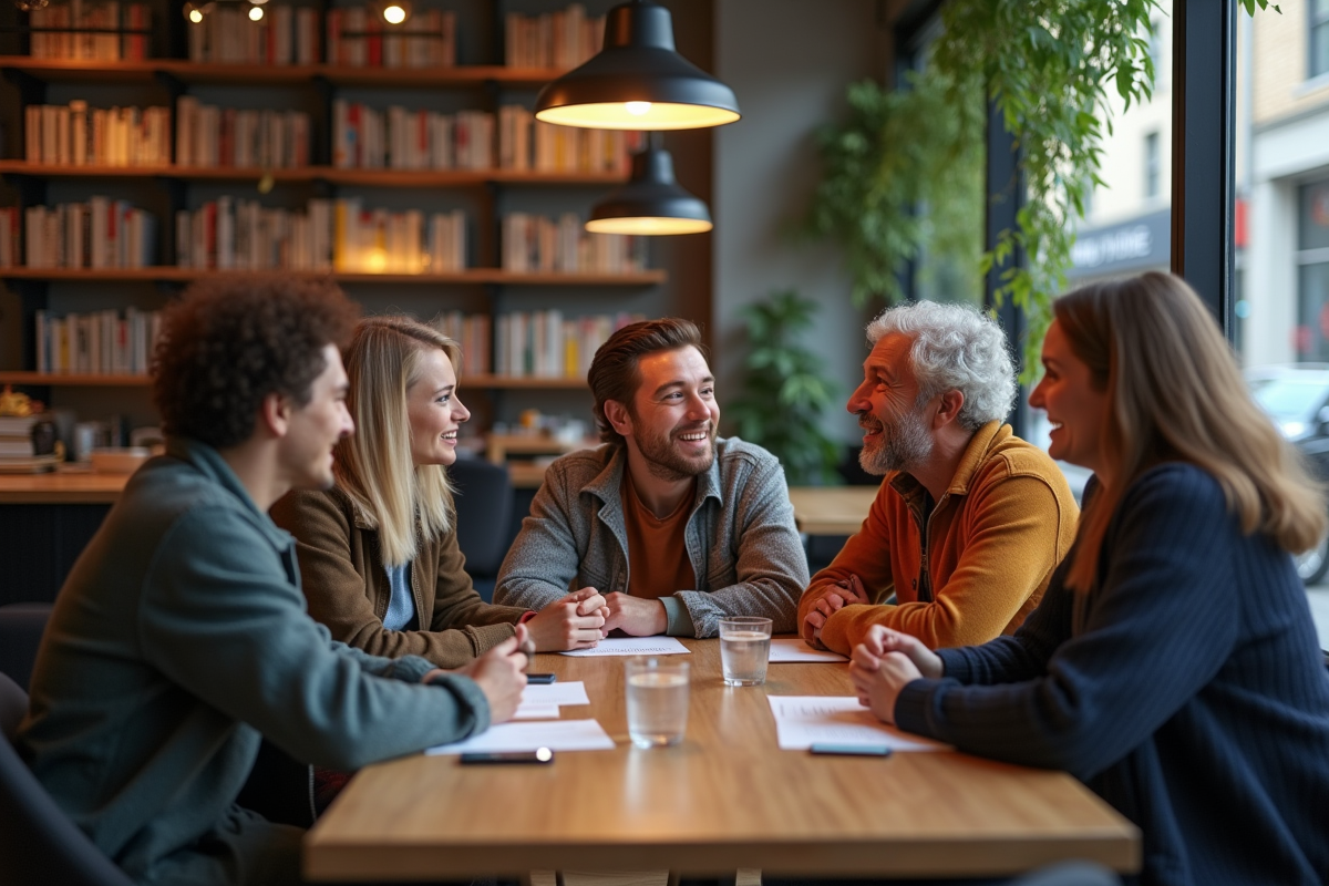 Groupe diversifié en discussion dans un café moderne