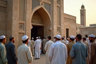 Groupe d'hommes devant la mosquee de Mille au coucher du soleil