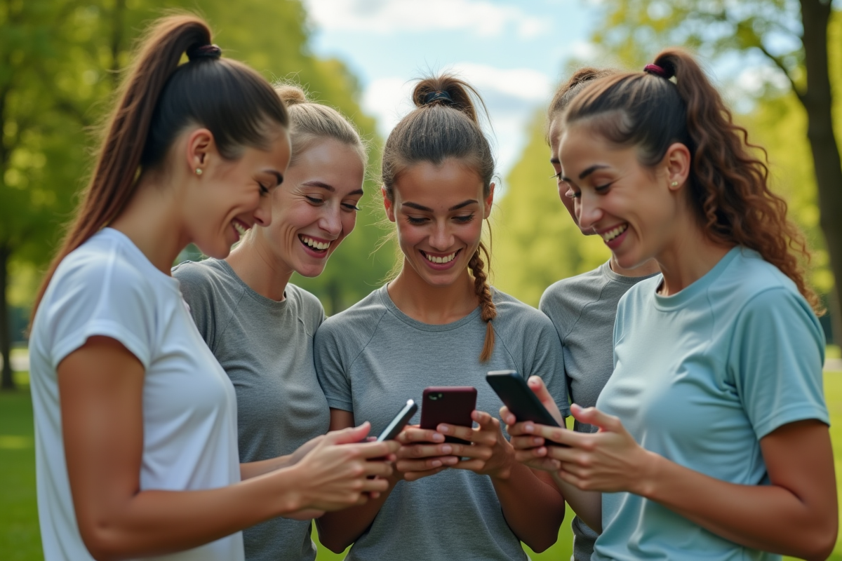 Jeunes adultes utilisant une application sportive en plein air