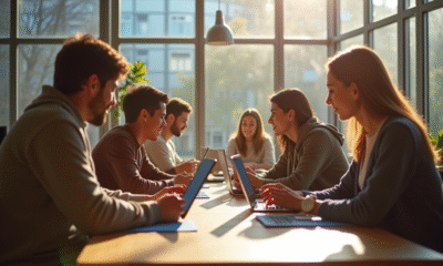 Groupe de jeunes adultes travaillant sur des appareils numériques dans un espace moderne