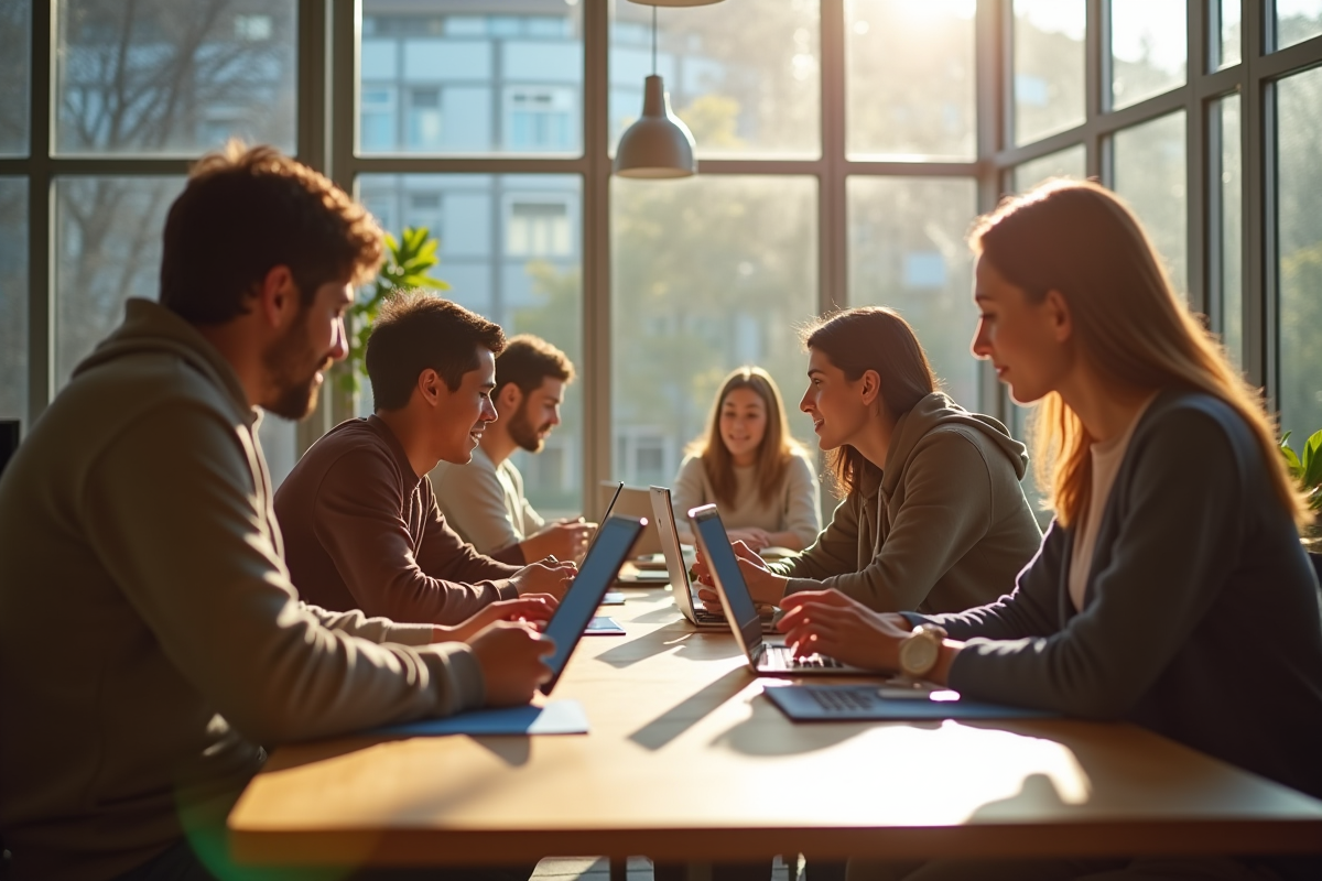Groupe de jeunes adultes travaillant sur des appareils numériques dans un espace moderne